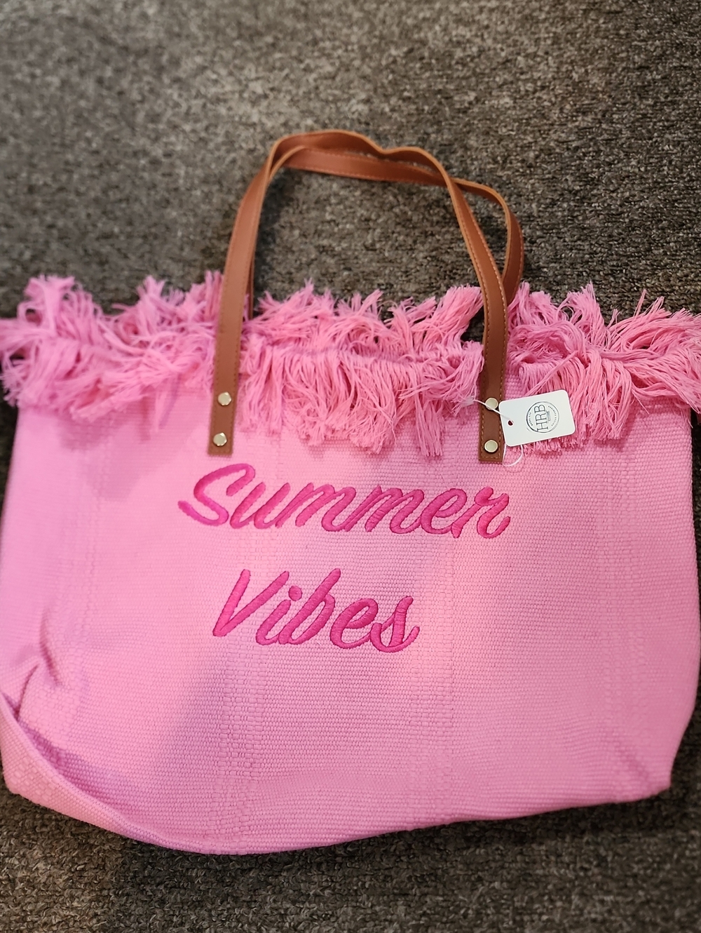 Pink "Summer Vibes" Fringe Tote Bag with Brown Straps